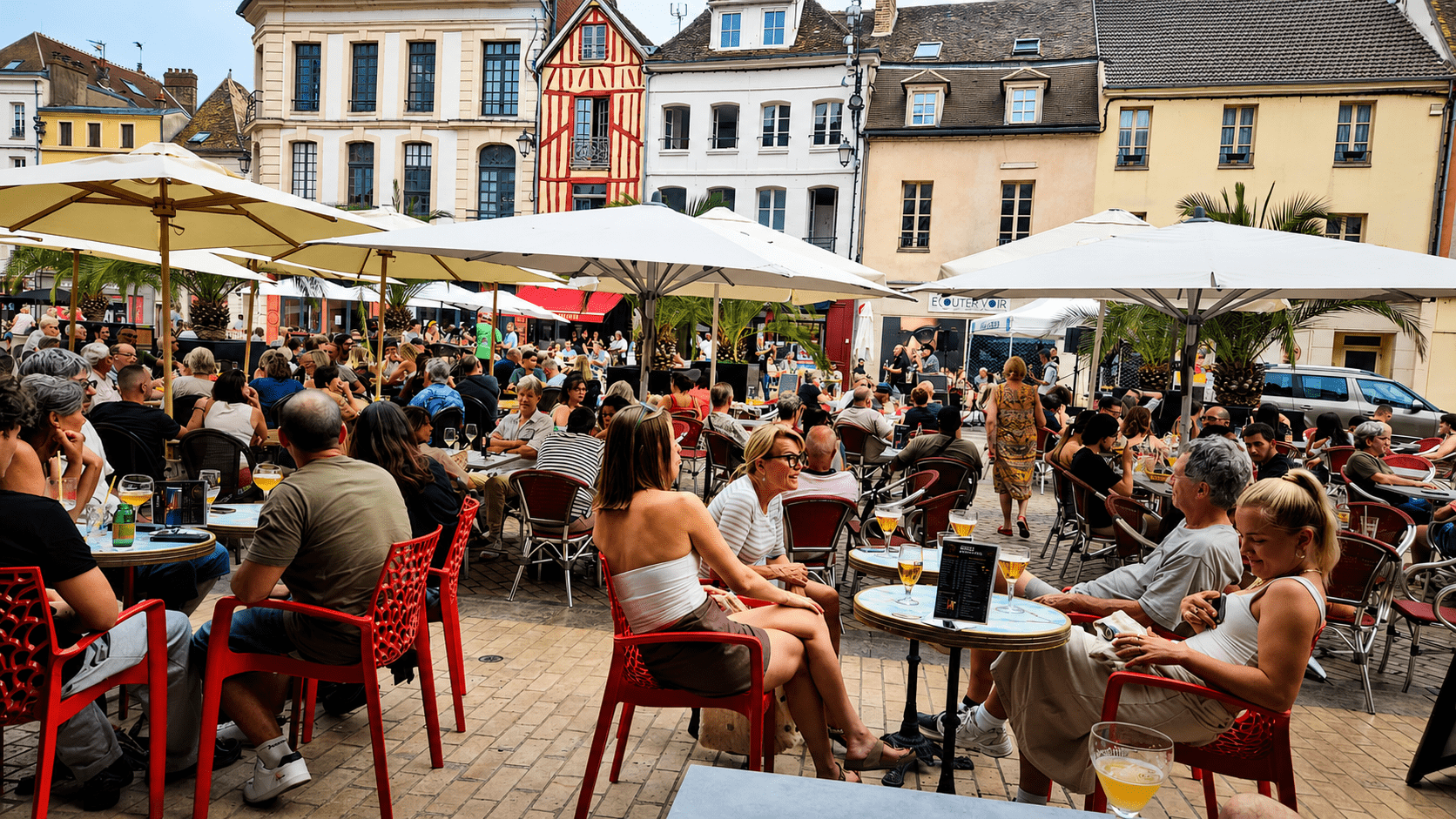 Sens (89100) : une place animée par les commerces et la vie locale