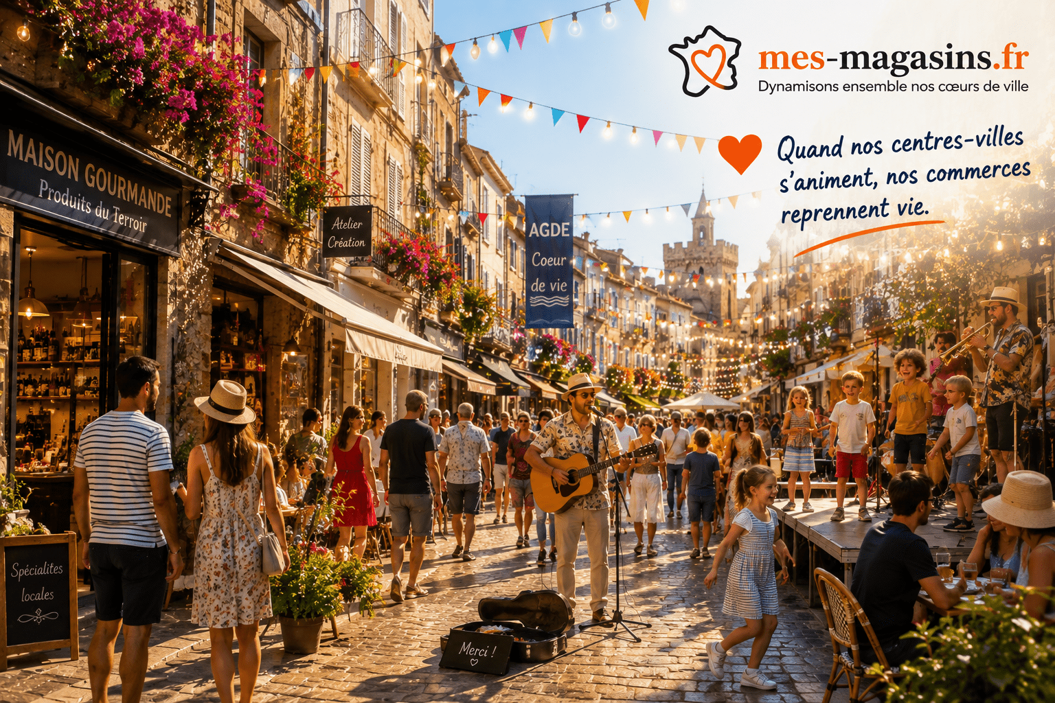 Fête d'Agde dans le centre historique avec commerces de proximité, animations estivales et visiteurs - Association MES MAGASINS
