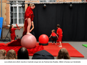 Enfants de la MJC d’Auriac-sur-Vendinelle (31460) participant à une activité cirque lors du Festival des Ruelles