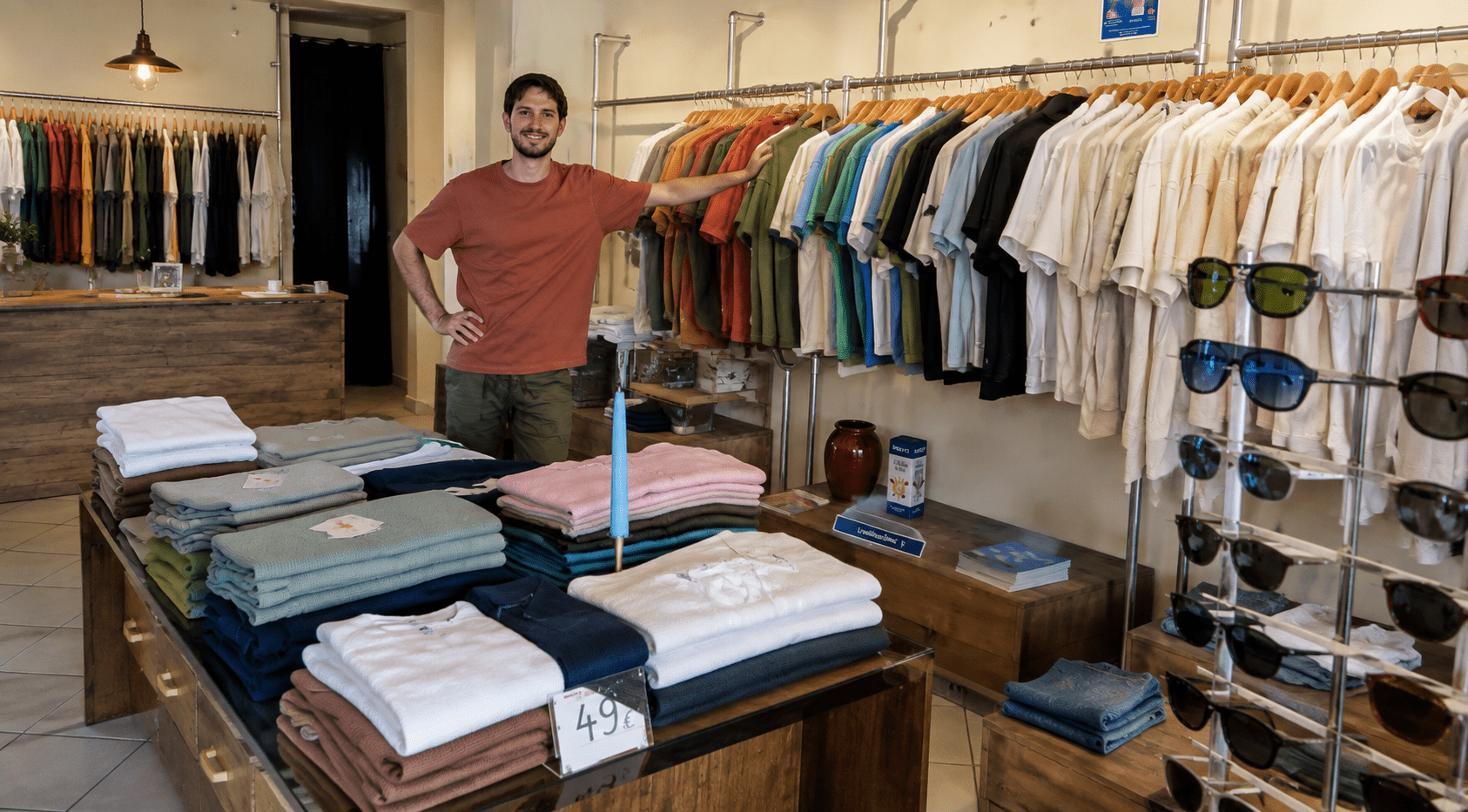 Boutique de vêtements avec un commerçant et des articles de mode