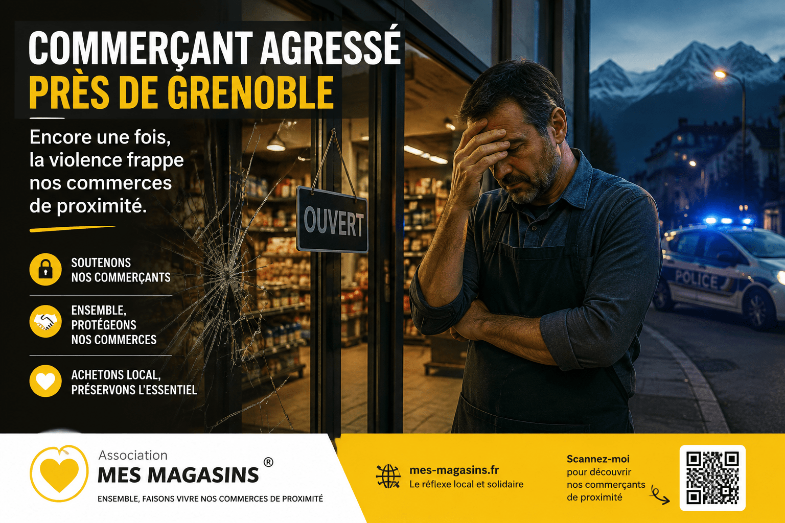 Illustration d'un commerçant agressé près de Grenoble devant sa boutique endommagée. L'association MES MAGASINS appelle à soutenir les commerces de proximité face aux violences.