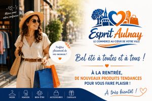 Affiche de l'association ESPRIT AULNAY mettant en avant les commerces de proximité, les artisans et le dynamisme du centre-ville d'Aulnay-sous-Bois.