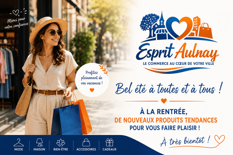 Affiche de l'association ESPRIT AULNAY mettant en avant les commerces de proximité, les artisans et le dynamisme du centre-ville d'Aulnay-sous-Bois.