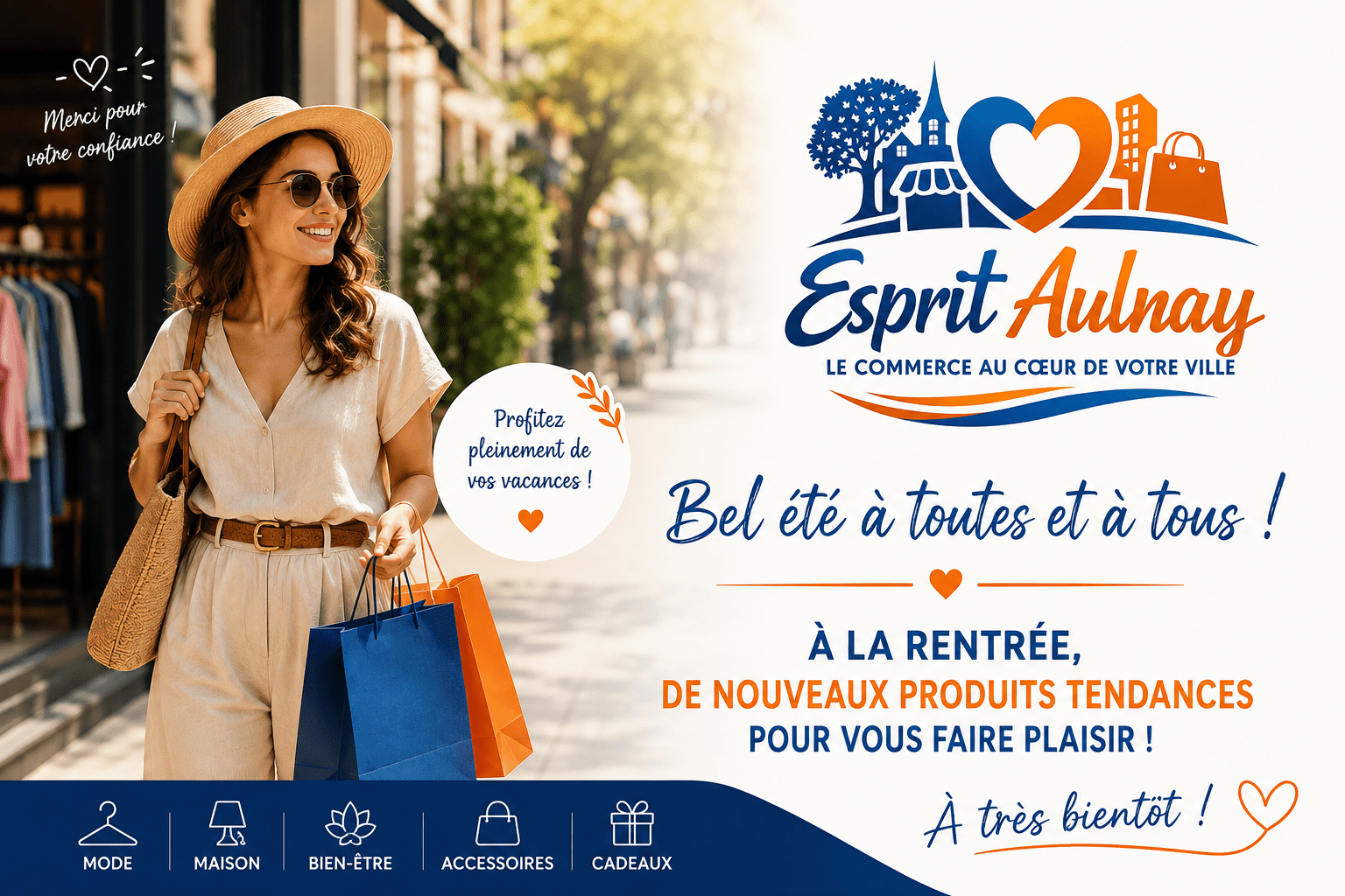 Affiche de l'association ESPRIT AULNAY mettant en avant les commerces de proximité, les artisans et le dynamisme du centre-ville d'Aulnay-sous-Bois.