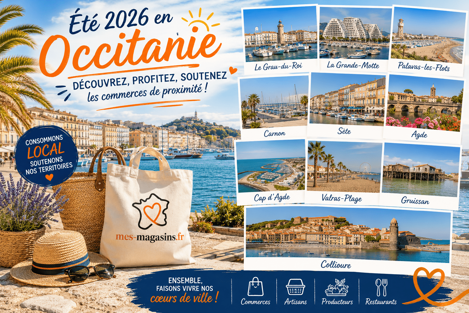Été 2026 en Occitanie : découvrez Le Grau-du-Roi, La Grande-Motte, Sète, Collioure et les plus belles stations balnéaires tout en soutenant les commerces de proximité avec L'association MES MAGASINS.