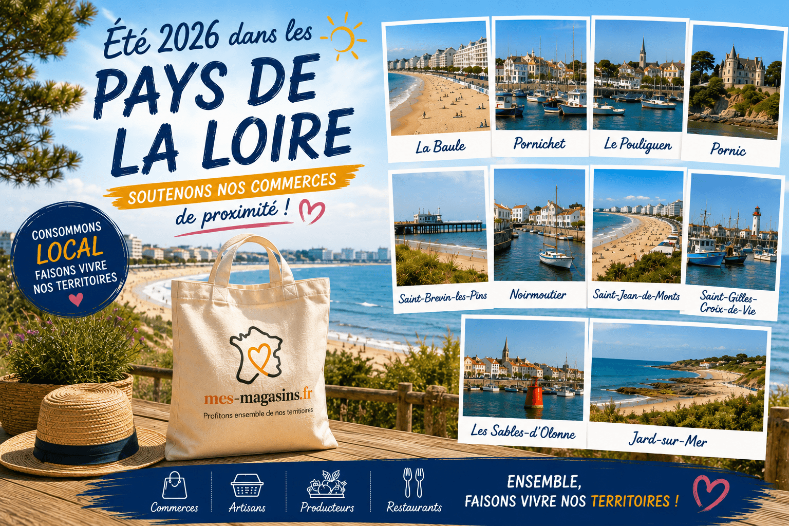 Été 2026 dans les Pays de la Loire : découvrez La Baule, Pornic, Noirmoutier, Les Sables-d'Olonne et les plus belles stations balnéaires tout en soutenant les commerces de proximité avec L'association MES MAGASINS.