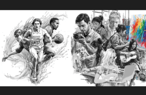 Illustration noir et blanc représentant des sportifs et des activités artistiques et créatives