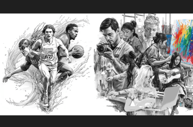 Illustration noir et blanc représentant des sportifs et des activités artistiques et créatives