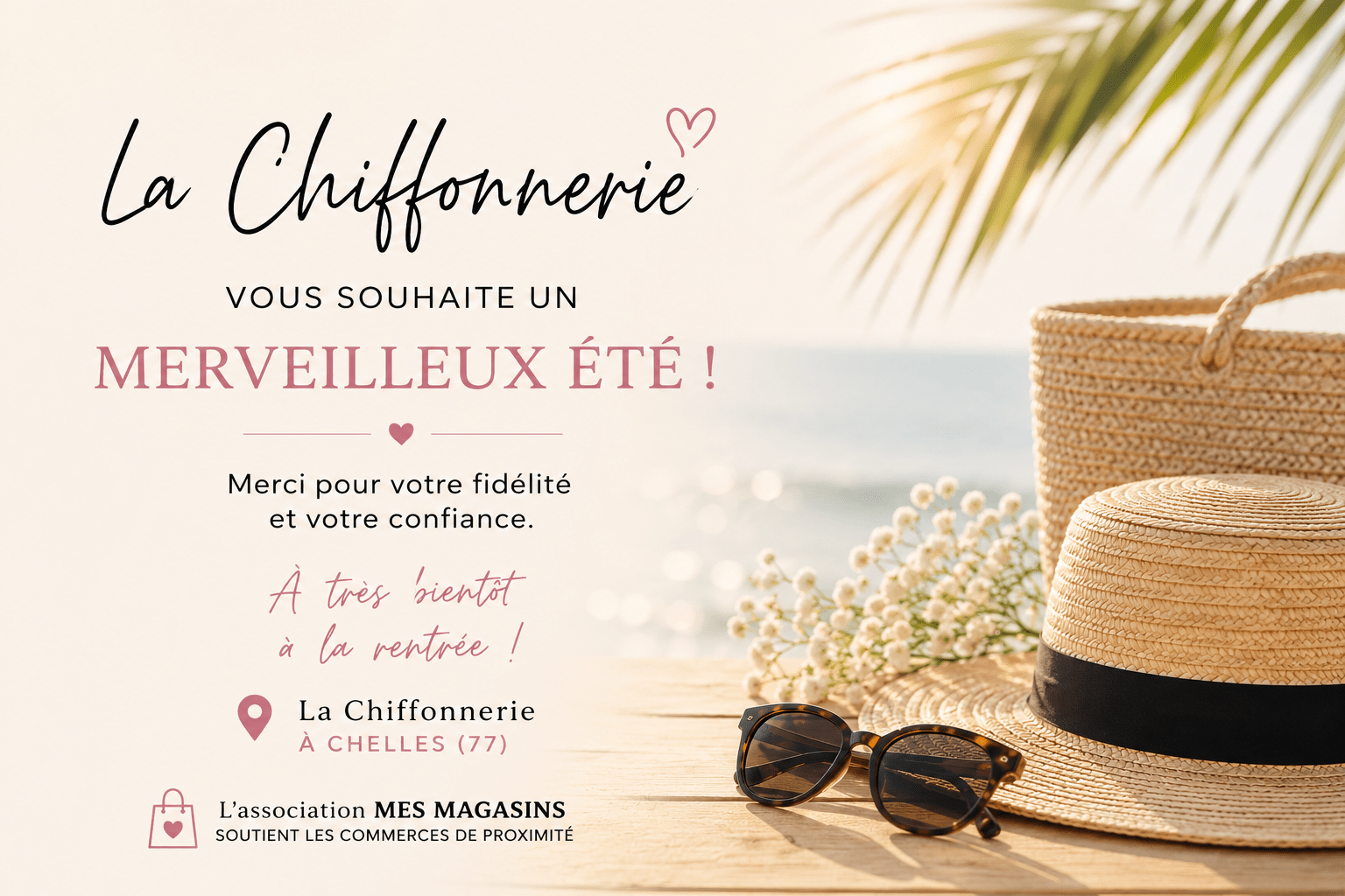 Illustration estivale de La Chiffonnerie, boutique de mode féminine à Chelles (77), souhaitant un merveilleux été à ses clientes.