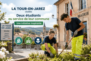 Deux étudiants en jobs d'été au service de la commune de La Tour-en-Jarez (42580) dans la Loire pour participer à l'entretien et à l'embellissement du village.