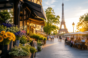 Terrasses, commerces de proximité et fleuriste au pied de la Tour Eiffel à Paris pendant l'été, illustrant les bons plans du 3 au 9 août 2026 en Île-de-France.