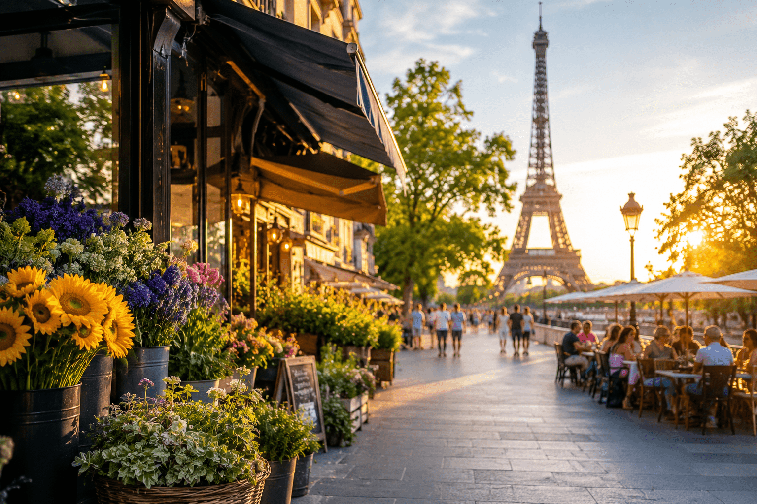 Terrasses, commerces de proximité et fleuriste au pied de la Tour Eiffel à Paris pendant l'été, illustrant les bons plans du 3 au 9 août 2026 en Île-de-France.