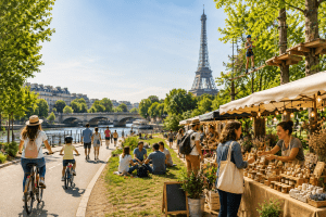 Marché local et activités de loisirs à Paris illustrant les initiatives qui dynamisent l'économie locale et le tourisme de proximité en Île-de-France.