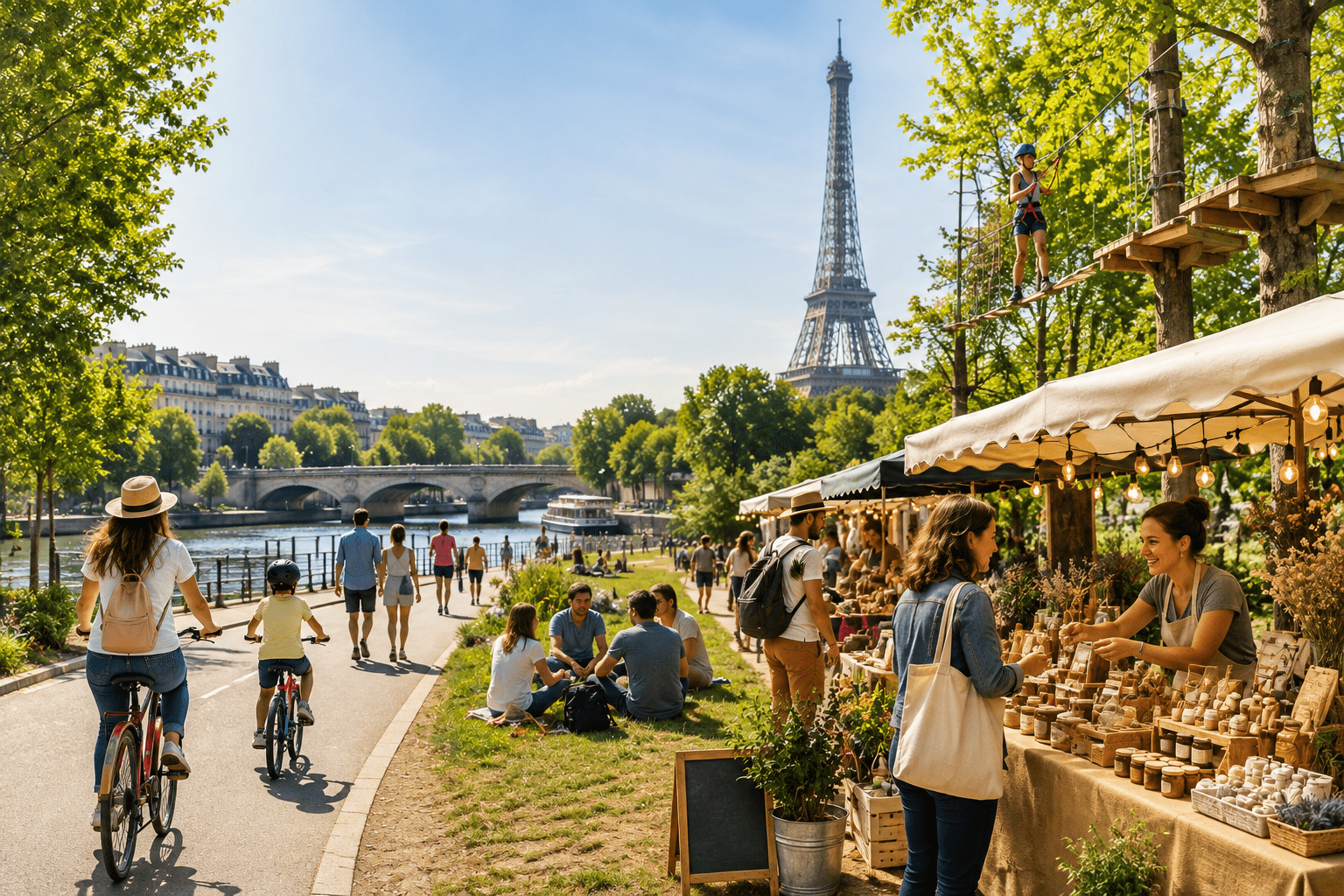 Marché local et activités de loisirs à Paris illustrant les initiatives qui dynamisent l'économie locale et le tourisme de proximité en Île-de-France.