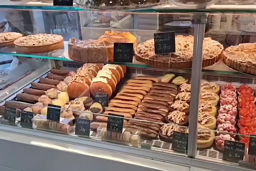 Vitrine de la pâtisserie La Blonvillaise avec flan vanille, crumble aux amandes, éclairs au chocolat et café, choux et tarte aux fruits frais