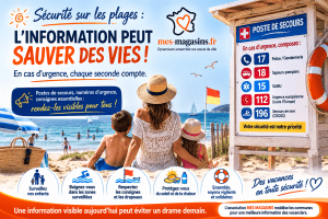 Affiche de prévention de L'association MES MAGASINS sensibilisant à la sécurité sur les plages, aux numéros d'urgence (17, 18, 15, 112 et 196) et aux gestes de vigilance pour prévenir les noyades.