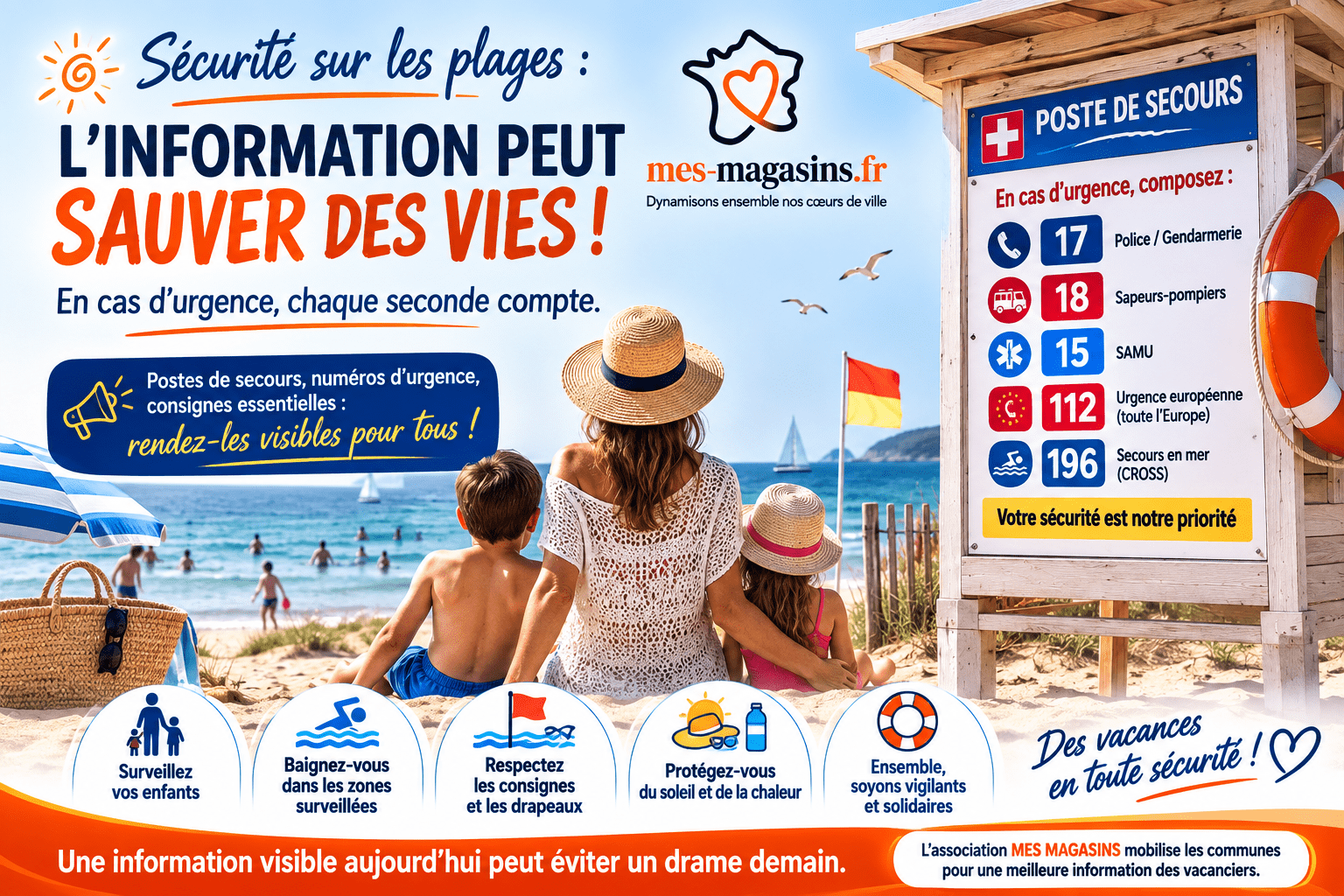 Affiche de prévention de L'association MES MAGASINS sensibilisant à la sécurité sur les plages, aux numéros d'urgence (17, 18, 15, 112 et 196) et aux gestes de vigilance pour prévenir les noyades.