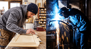 Artisans au travail dans un atelier de menuiserie et de métallerie
