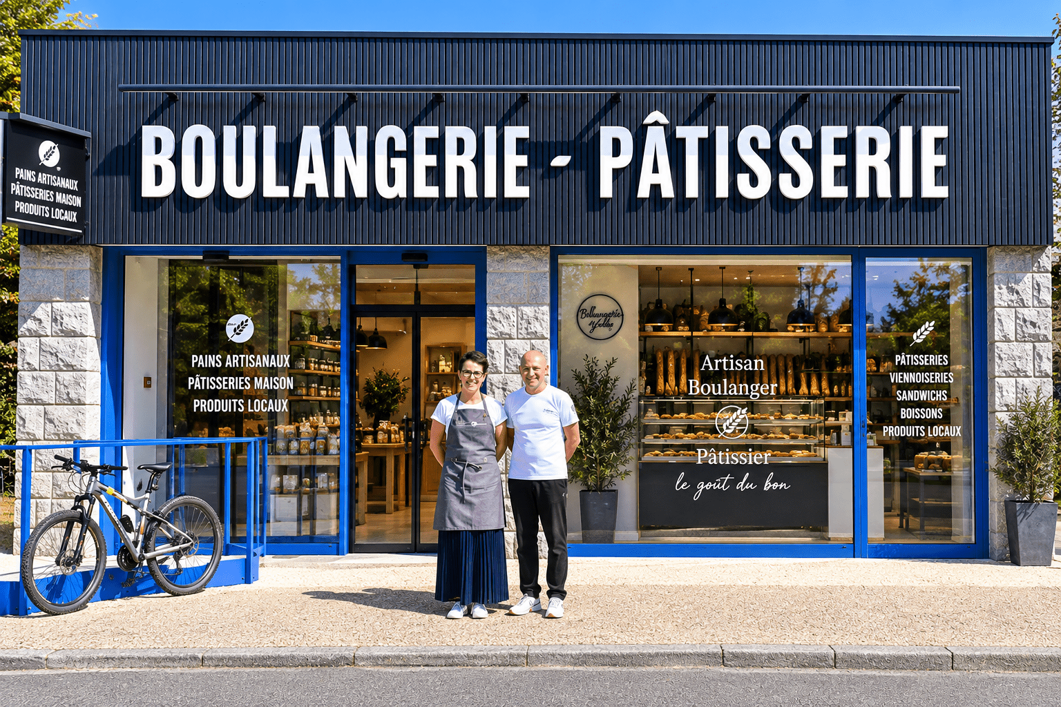 Façade d'une boulangerie-pâtisserie artisanale proposant pains, pâtisseries et produits locaux