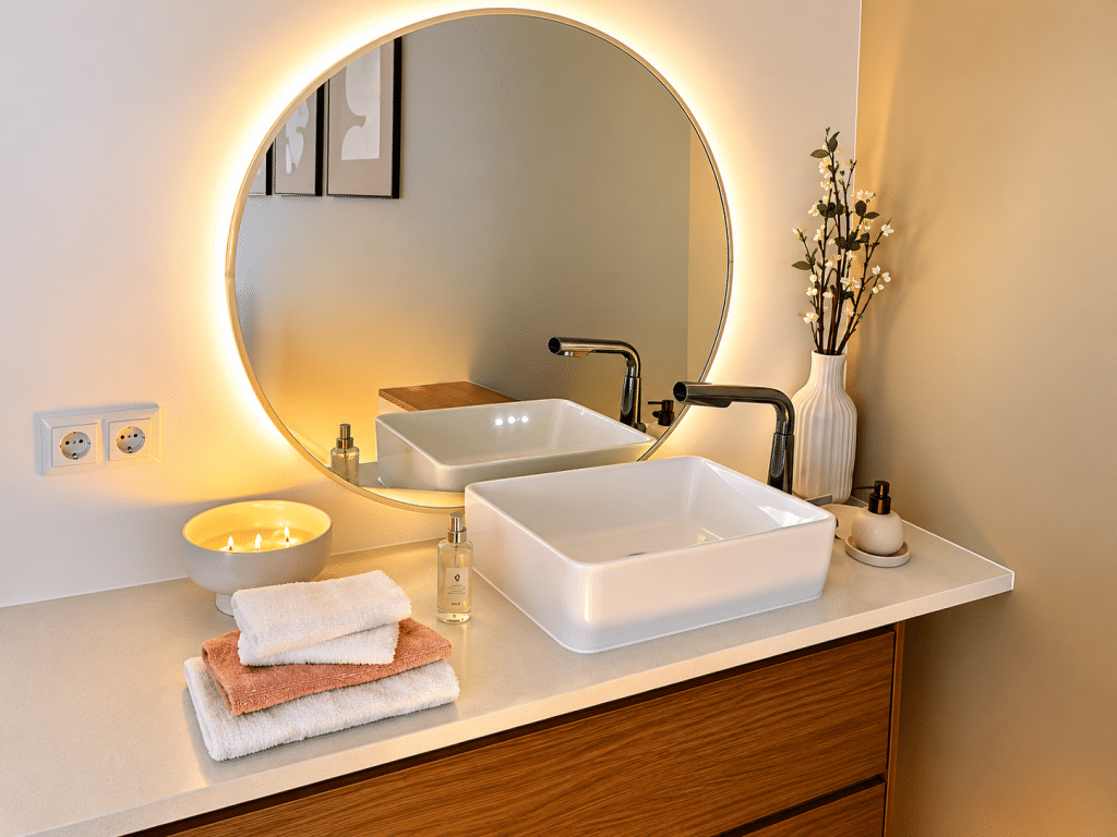 Espace lavabo élégant avec miroir rond dans un institut de beauté