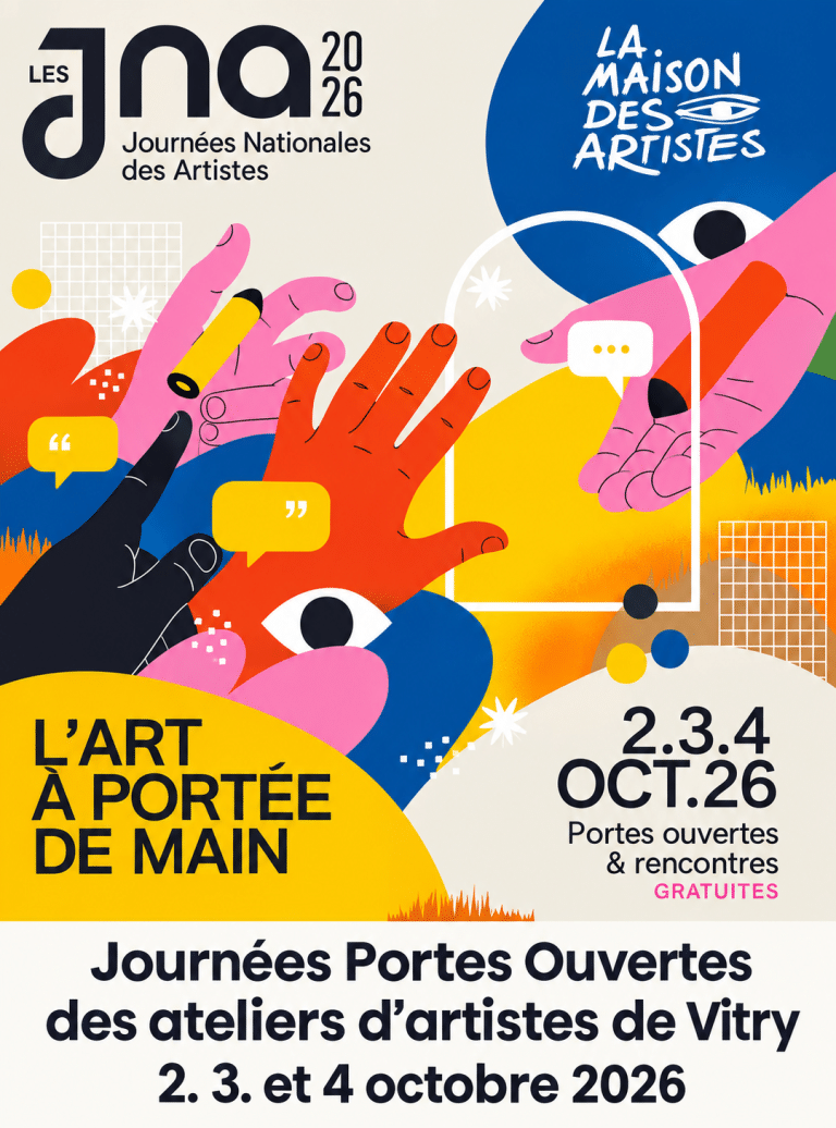 Affiche des Journées Portes Ouvertes des ateliers d’artistes de Vitry-sur-Seine les 2, 3 et 4 octobre 2026.