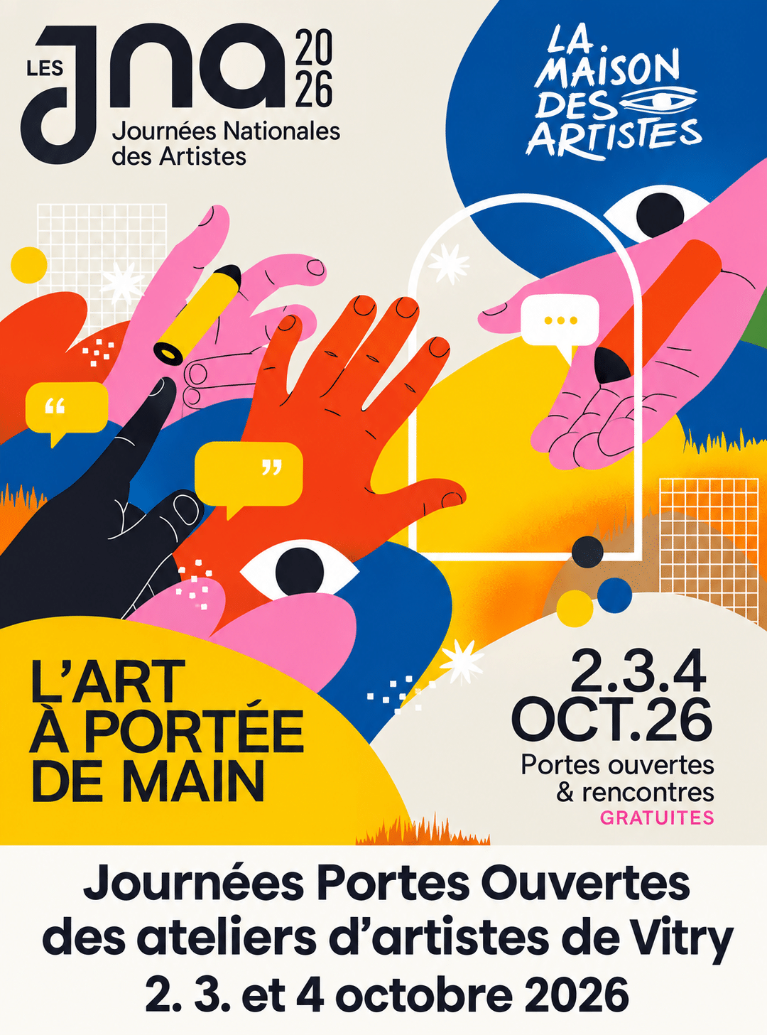 Affiche des Journées Portes Ouvertes des ateliers d’artistes de Vitry-sur-Seine les 2, 3 et 4 octobre 2026.