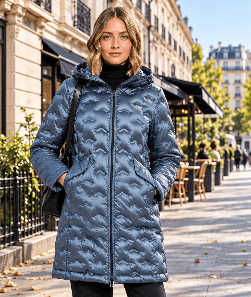 Parka femme bleue matelassée à capuche portée en ville