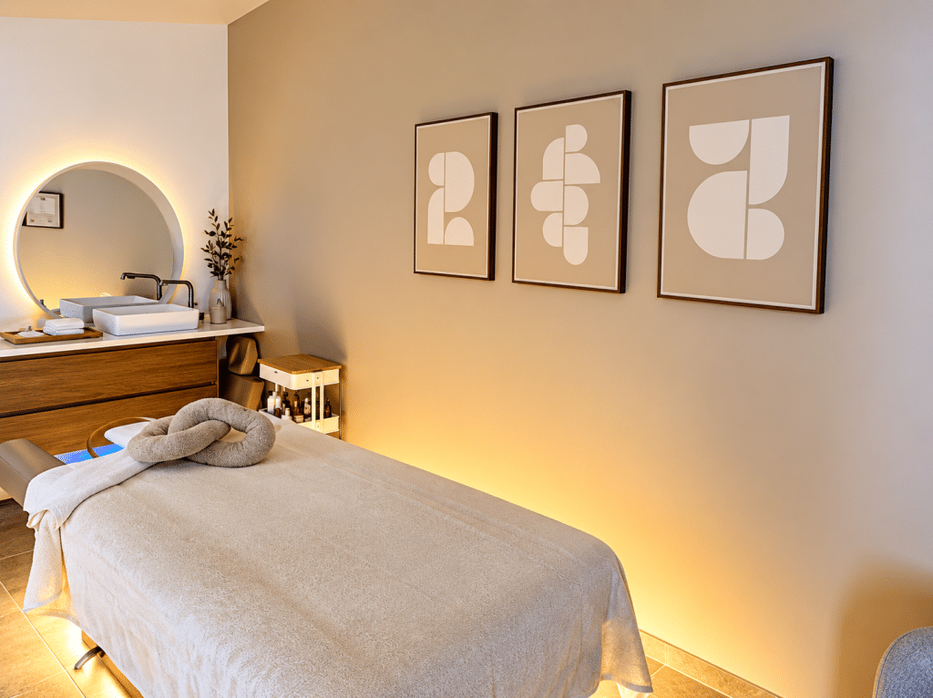 Salle de soins avec table de massage et espace beauté