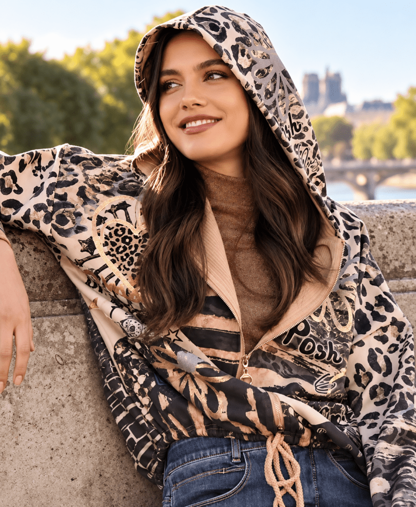 Veste femme à capuche avec imprimé léopard portée en extérieur