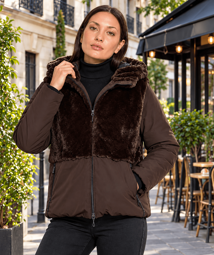 Veste femme marron avec col en fourrure portée en extérieur