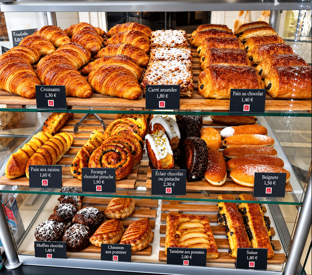 Vitrine de boulangerie présentant des croissants et pâtisseries artisanales