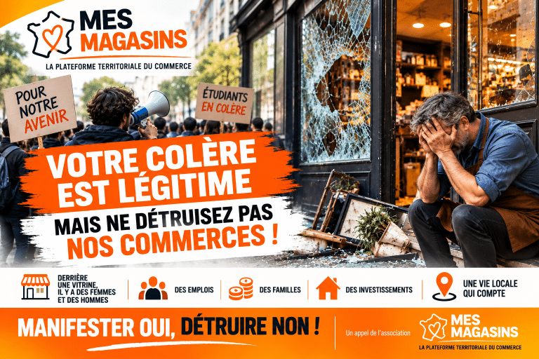 Manifestation étudiante devant un commerce endommagé, appel à protéger les commerces de proximité
