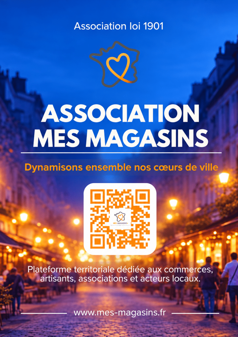 Affiche de l'association MES MAGASINS, plateforme territoriale dédiée aux commerces, artisans, associations et acteurs locaux.