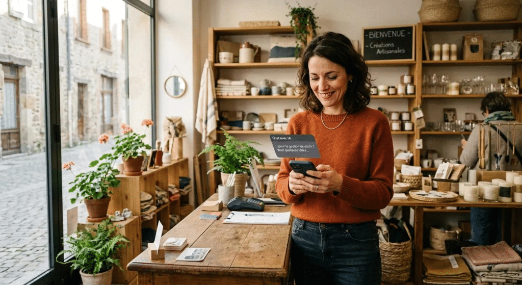 Commerçante indépendante utilisant son smartphone pour améliorer sa fiche vitrine sur MES MAGASINS.