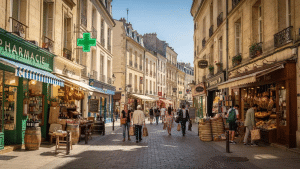 Rue commerçante avec plusieurs boutiques indépendantes en centre-ville.