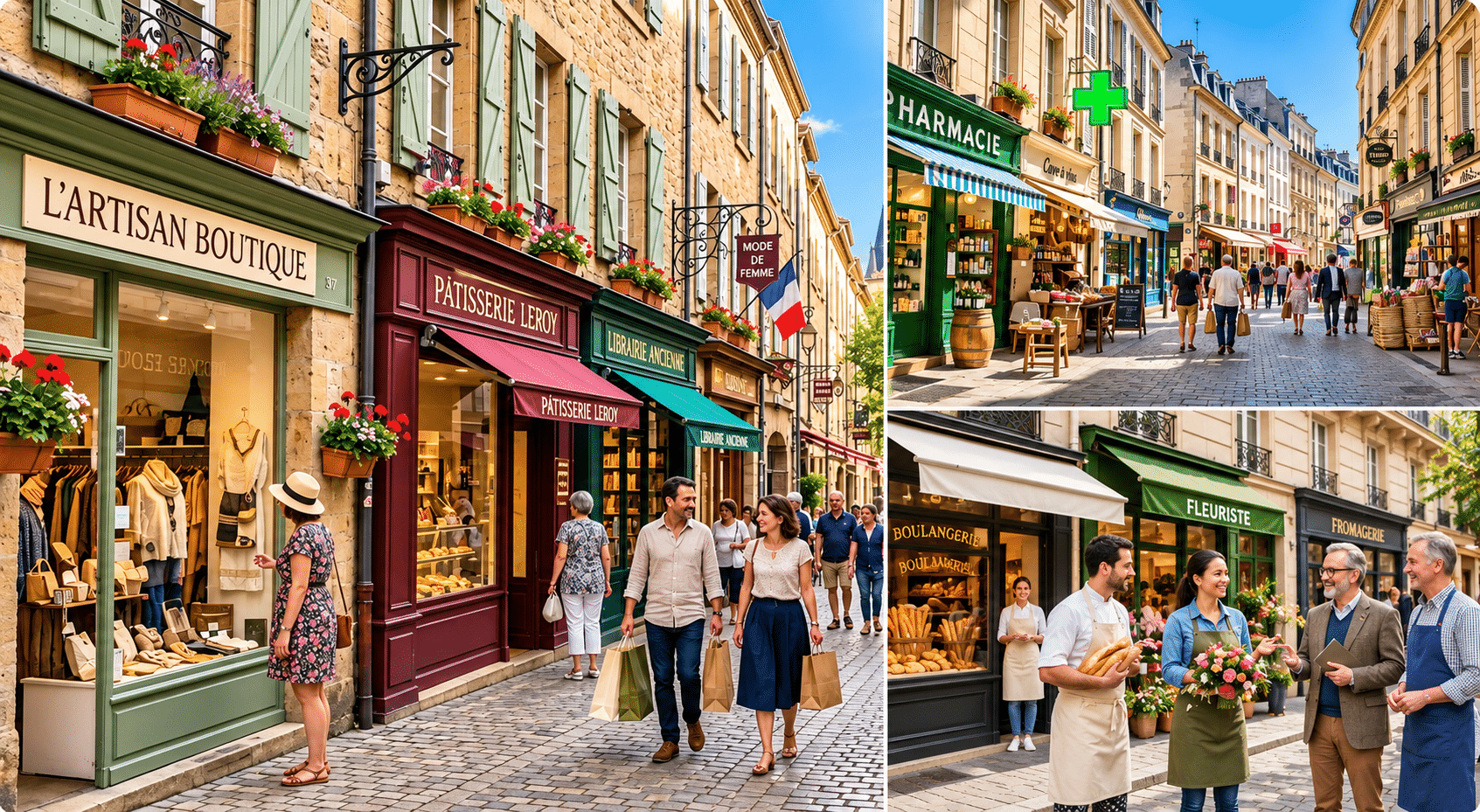 Rue commerçante française avec des boutiques indépendantes et des commerces de proximité.