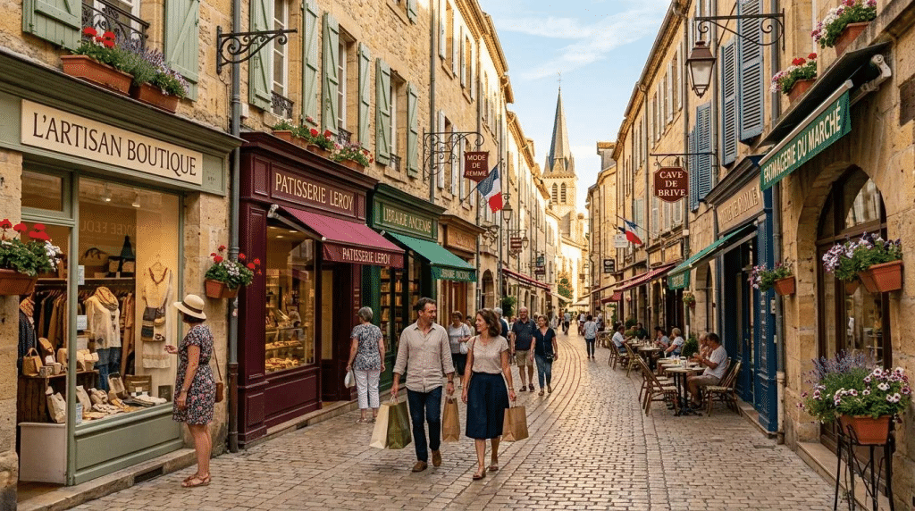 Rue commerçante animée avec des boutiques indépendantes et des habitants faisant leurs achats.